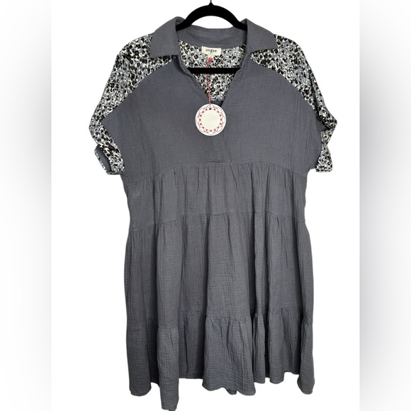 Umgee Dresses & Skirts - NEW Umgee Women's Ruffle Tiered Mini Dress Blue with Leopard Collar/Sleeves